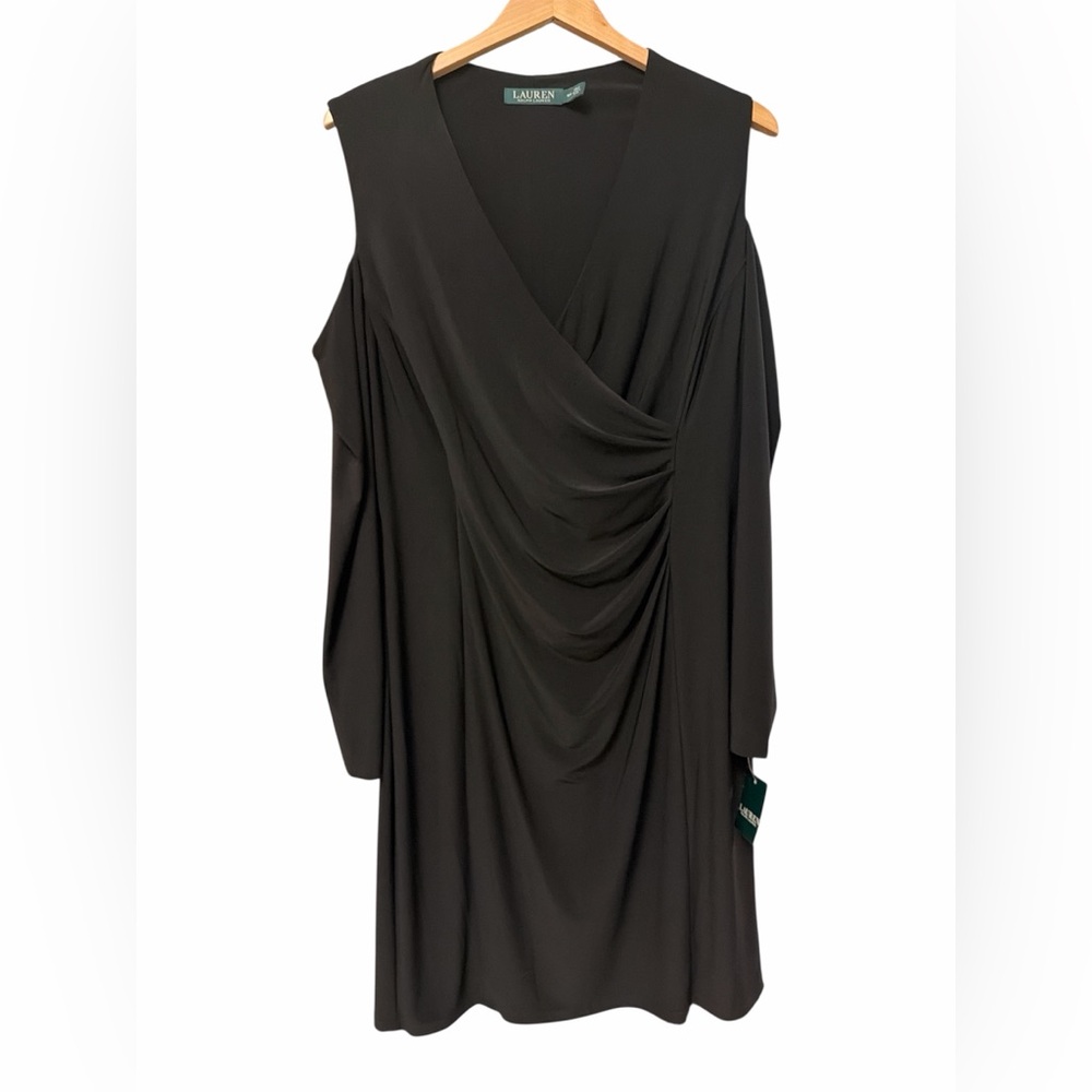 Lauren Ralph Lauren 16W Cold Shoulder Ruched Wrap Dress Black NWT